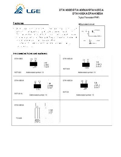 LGE dta143e  . Electronic Components Datasheets Active components Transistors LGE dta143e.pdf