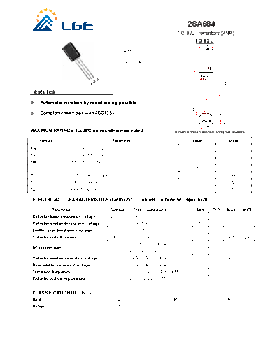 LGE 2sa684  . Electronic Components Datasheets Active components Transistors LGE 2sa684.pdf