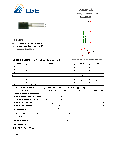 LGE 2sa817a to-92mod  . Electronic Components Datasheets Active components Transistors LGE 2sa817a_to-92mod.pdf
