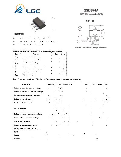 . Electronic Components Datasheets 2sd874a sot-89  . Electronic Components Datasheets Active components Transistors LGE 2sd874a_sot-89.pdf