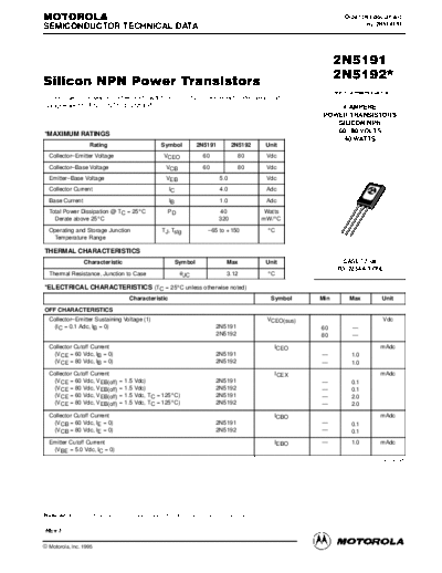 Motorola 2n5191 2n5192  . Electronic Components Datasheets Active components Transistors Motorola 2n5191_2n5192.pdf