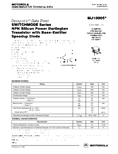 . Electronic Components Datasheets mj10005r  . Electronic Components Datasheets Active components Transistors Motorola mj10005r.pdf