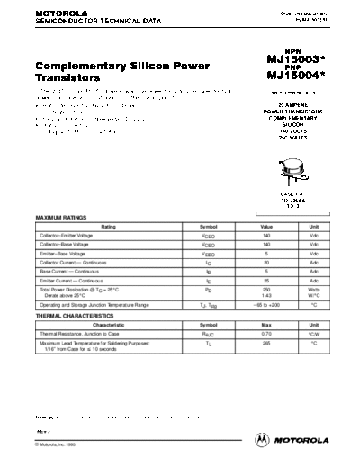 Motorola mj15003r  . Electronic Components Datasheets Active components Transistors Motorola mj15003r.pdf
