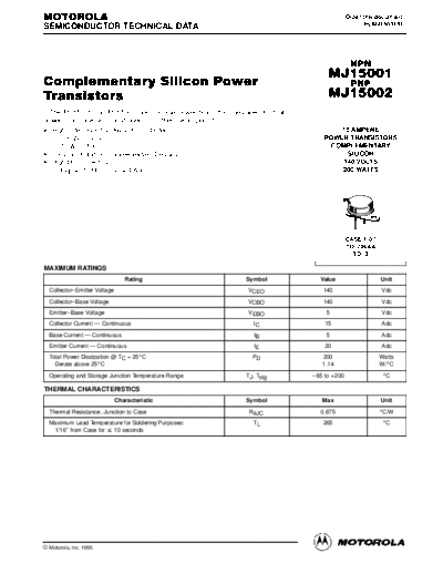 Motorola mj15001r  . Electronic Components Datasheets Active components Transistors Motorola mj15001r.pdf