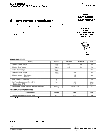 Motorola mj15022-24  . Electronic Components Datasheets Active components Transistors Motorola mj15022-24.pdf