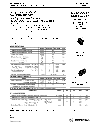 . Electronic Components Datasheets mje18004  . Electronic Components Datasheets Active components Transistors Motorola mje18004.pdf