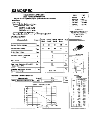 Mospec tip33 tip34  . Electronic Components Datasheets Active components Transistors Mospec tip33_tip34.pdf