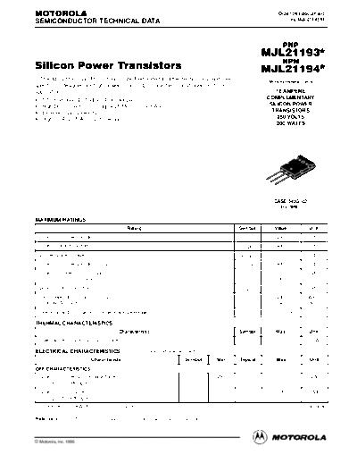 Motorola mjl21193 mjl21194  . Electronic Components Datasheets Active components Transistors Motorola mjl21193_mjl21194.pdf