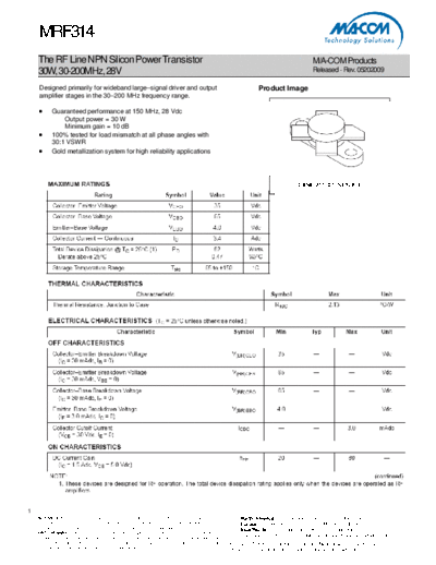 Macom mrf314  . Electronic Components Datasheets Active components Transistors Macom mrf314.pdf