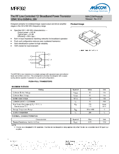 . Electronic Components Datasheets mrf392  . Electronic Components Datasheets Active components Transistors Macom mrf392.pdf