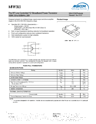 Macom mrf393  . Electronic Components Datasheets Active components Transistors Macom mrf393.pdf