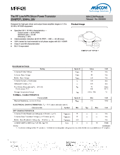 Macom mrf426  . Electronic Components Datasheets Active components Transistors Macom mrf426.pdf