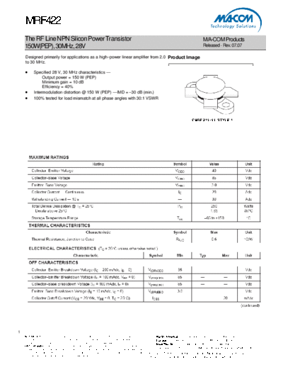 Macom mrf422  . Electronic Components Datasheets Active components Transistors Macom mrf422.pdf