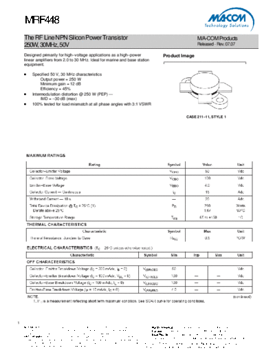 Macom mrf448  . Electronic Components Datasheets Active components Transistors Macom mrf448.pdf