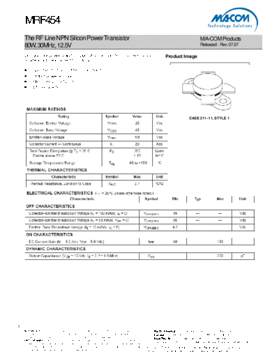 Macom mrf454  . Electronic Components Datasheets Active components Transistors Macom mrf454.pdf