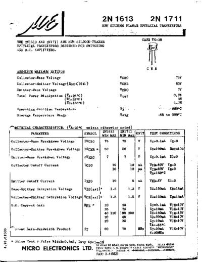 MicroElectronics 2n1613 2n1711  . Electronic Components Datasheets Active components Transistors MicroElectronics 2n1613_2n1711.pdf