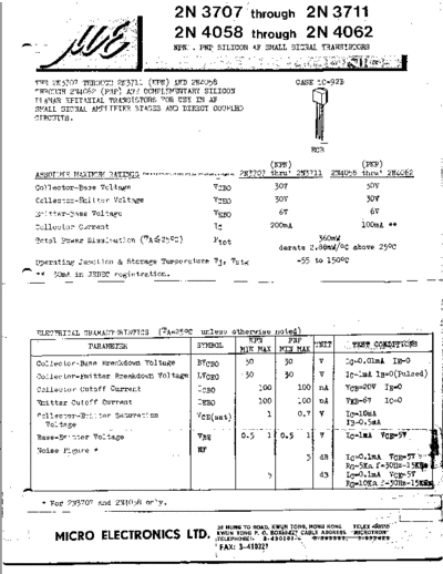 MicroElectronics 2n3707-09 2n3710-11 2n4058-59 2n4060-62  . Electronic Components Datasheets Active components Transistors MicroElectronics 2n3707-09_2n3710-11_2n4058-59_2n4060-62.pdf