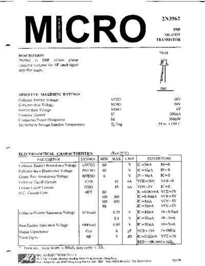 MicroElectronics 2n3962  . Electronic Components Datasheets Active components Transistors MicroElectronics 2n3962.pdf
