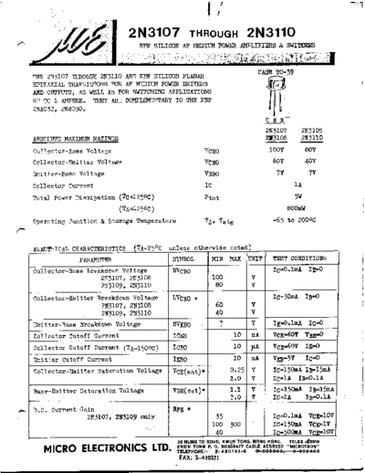 MicroElectronics 2n3107 2n3108 2n3109 2n3110  . Electronic Components Datasheets Active components Transistors MicroElectronics 2n3107_2n3108_2n3109_2n3110.pdf