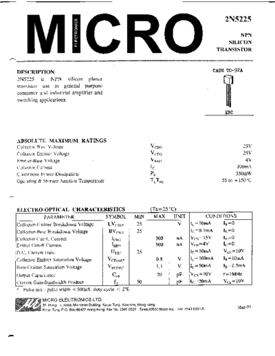 MicroElectronics 2n5225  . Electronic Components Datasheets Active components Transistors MicroElectronics 2n5225.pdf