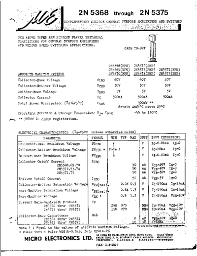 MicroElectronics 2n5368-69 2n5370-75  . Electronic Components Datasheets Active components Transistors MicroElectronics 2n5368-69_2n5370-75.pdf