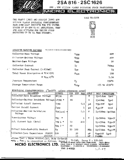 MicroElectronics 2sc1626 2sa816  . Electronic Components Datasheets Active components Transistors MicroElectronics 2sc1626_2sa816.pdf