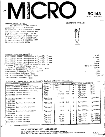 MicroElectronics bc143  . Electronic Components Datasheets Active components Transistors MicroElectronics bc143.pdf