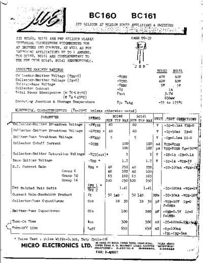 MicroElectronics bc160 bc161  . Electronic Components Datasheets Active components Transistors MicroElectronics bc160_bc161.pdf