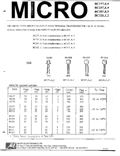 MicroElectronics bc177 bc178 bc179 bc257 bc258 bc259 bc307 bc308 bc309 bc320 bc321 bc322  . Electronic Components Datasheets Active components Transistors MicroElectronics bc177_bc178_bc179_bc257_bc258_bc259_bc307_bc308_bc309_bc320_bc321_bc322.pdf