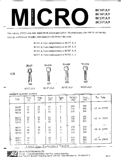 MicroElectronics bc107 bc108 bc109 bc167 bc168 bc169 bc237 bc238 bc239 bc317 bc318 bc319  . Electronic Components Datasheets Active components Transistors MicroElectronics bc107_bc108_bc109_bc167_bc168_bc169_bc237_bc238_bc239_bc317_bc318_bc319.pdf