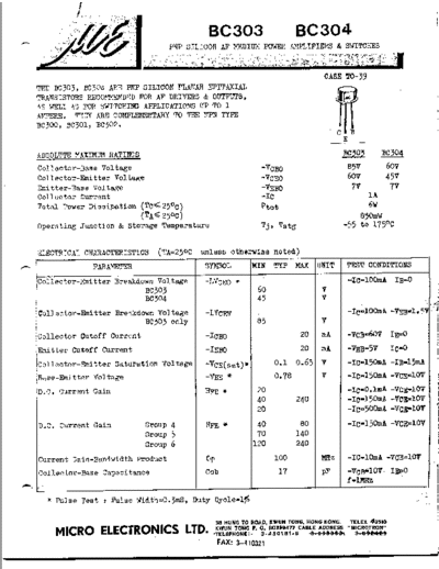 MicroElectronics bc303 bc304  . Electronic Components Datasheets Active components Transistors MicroElectronics bc303_bc304.pdf