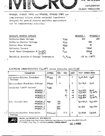 MicroElectronics mps6520-23  . Electronic Components Datasheets Active components Transistors MicroElectronics mps6520-23.pdf