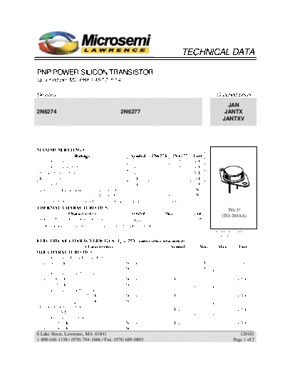 . Electronic Components Datasheets 2n6274 2n6277  . Electronic Components Datasheets Active components Transistors Microsemi 2n6274_2n6277.pdf