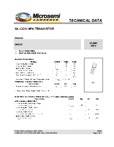 Microsemi 2n6232  . Electronic Components Datasheets Active components Transistors Microsemi 2n6232.pdf
