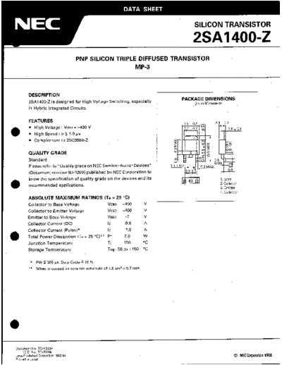 NEC 2sa1400-z  . Electronic Components Datasheets Active components Transistors NEC 2sa1400-z.pdf