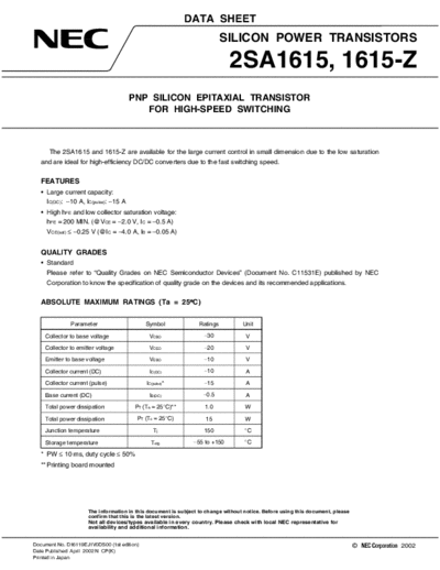 NEC 2sa1615-z  . Electronic Components Datasheets Active components Transistors NEC 2sa1615-z.pdf