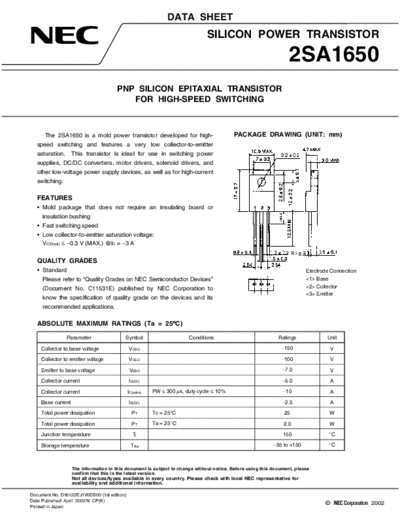 NEC 2sa1650  . Electronic Components Datasheets Active components Transistors NEC 2sa1650.pdf