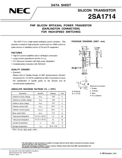 NEC 2sa1714  . Electronic Components Datasheets Active components Transistors NEC 2sa1714.pdf