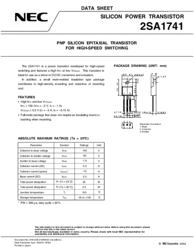 NEC 2sa1741  . Electronic Components Datasheets Active components Transistors NEC 2sa1741.pdf
