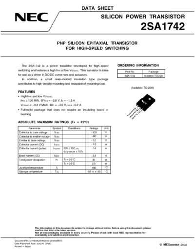 NEC 2sa1742  . Electronic Components Datasheets Active components Transistors NEC 2sa1742.pdf