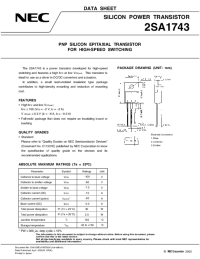 . Electronic Components Datasheets 2sa1743  . Electronic Components Datasheets Active components Transistors NEC 2sa1743.pdf