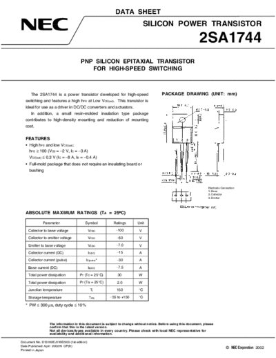NEC 2sa1744  . Electronic Components Datasheets Active components Transistors NEC 2sa1744.pdf