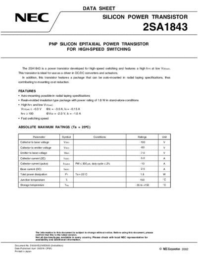 . Electronic Components Datasheets 2sa1843  . Electronic Components Datasheets Active components Transistors NEC 2sa1843.pdf