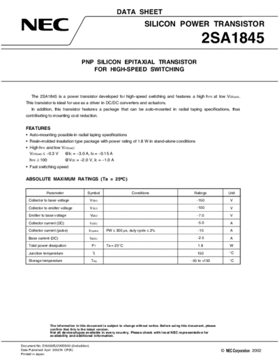 NEC 2sa1845  . Electronic Components Datasheets Active components Transistors NEC 2sa1845.pdf