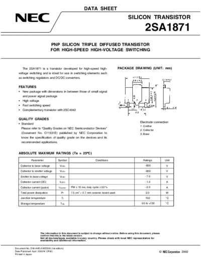 NEC 2sa1871  . Electronic Components Datasheets Active components Transistors NEC 2sa1871.pdf