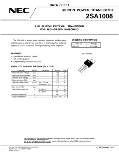 NEC 2sa1008  . Electronic Components Datasheets Active components Transistors NEC 2sa1008.pdf