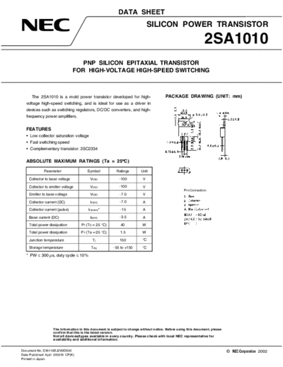 NEC 2sa1010  . Electronic Components Datasheets Active components Transistors NEC 2sa1010.pdf