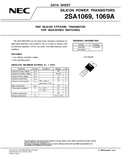 . Electronic Components Datasheets 2sa1069 2sa1069a  . Electronic Components Datasheets Active components Transistors NEC 2sa1069_2sa1069a.pdf