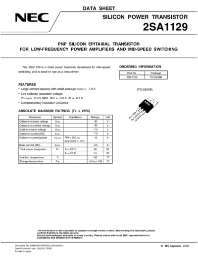 NEC 2sa1129  . Electronic Components Datasheets Active components Transistors NEC 2sa1129.pdf