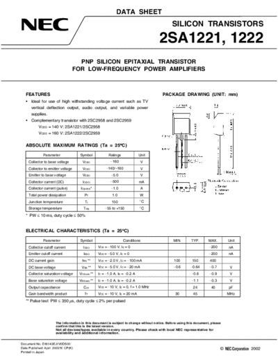 NEC 2sa1221 2sa1222  . Electronic Components Datasheets Active components Transistors NEC 2sa1221_2sa1222.pdf